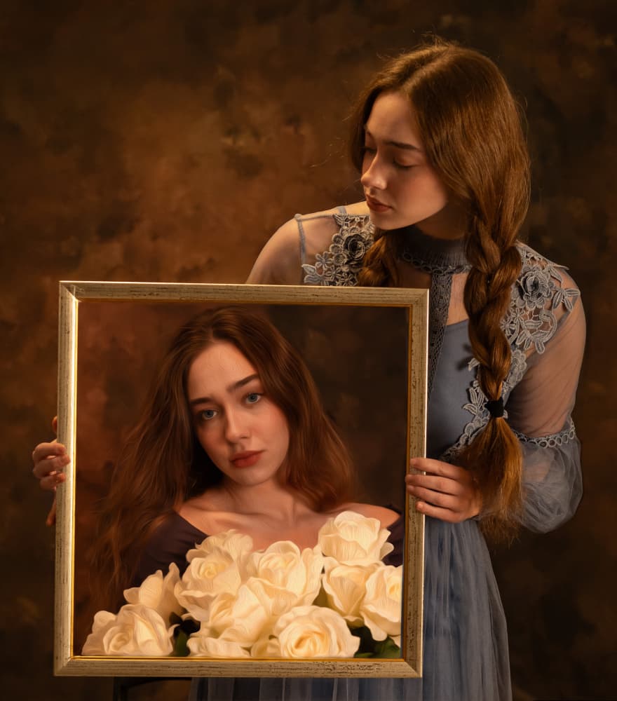 Young Woman with Portrait by Svetlana Kirzh — canvas wall art