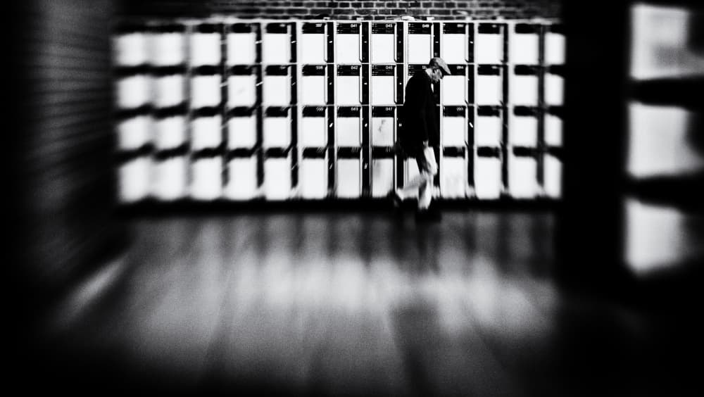 Man In Geometric Hall by Jürgen Hartlieb — canvas wall art