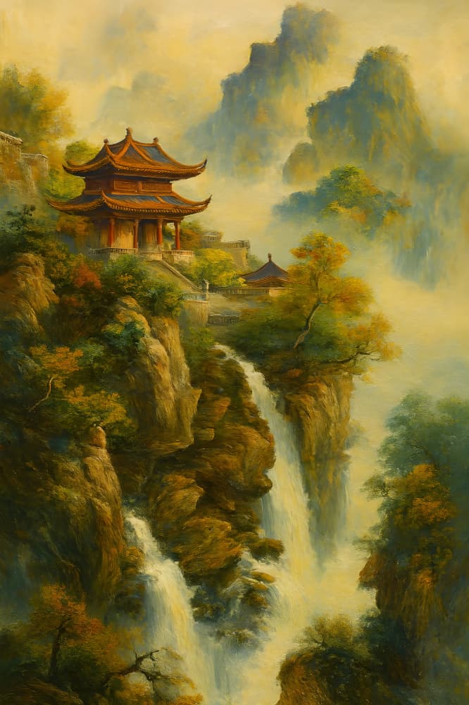 Misty Mountain Pagoda by HUGO — canvas wall art