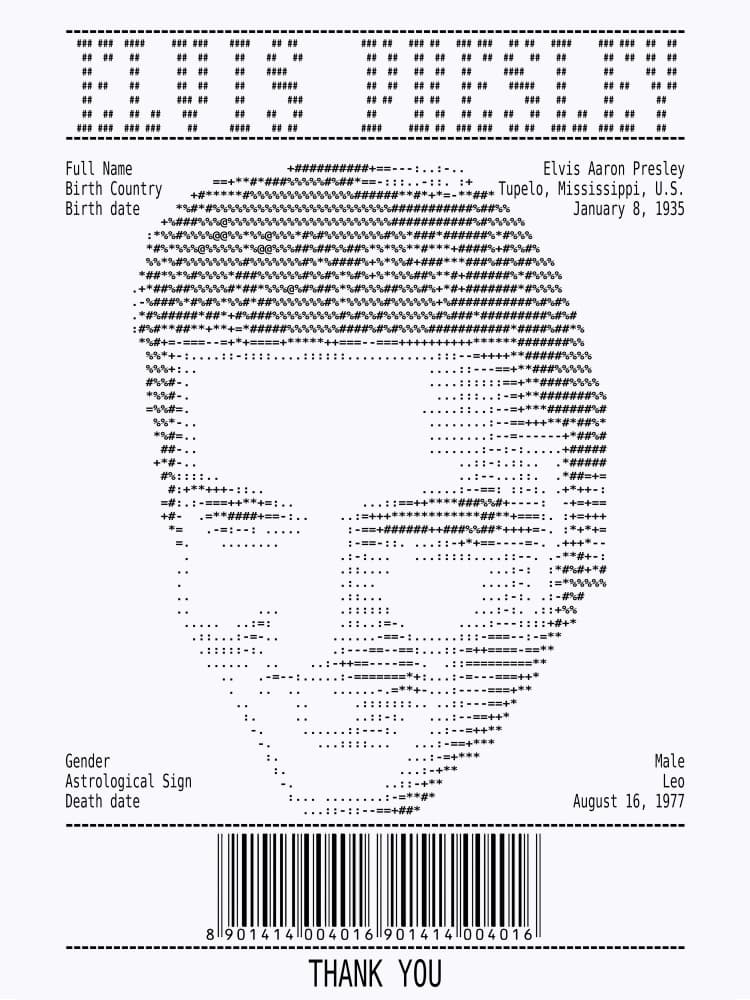 Elvis Presley ASCII Portrait by Doa Project — canvas wall art