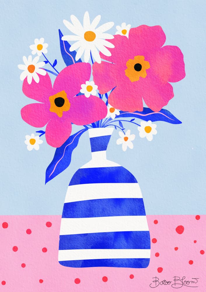 Blue Striped Vase Flowers by Baroo Bloom — canvas wall art