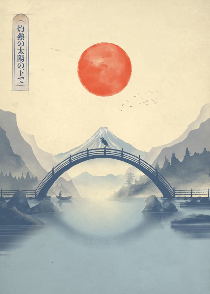 Japanese Bridge Red Sun by Fadil Roze — canvas wall art