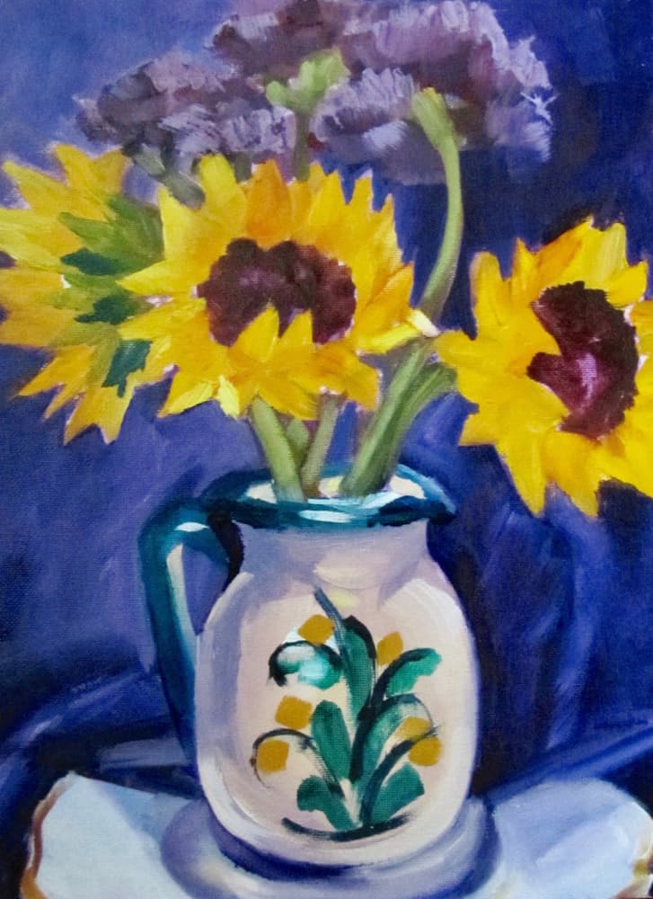 Sunflowers in Blue Pitcher by Maxine Shore — canvas wall art