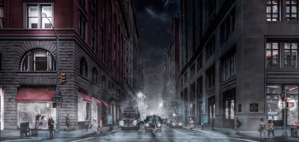 Misty City Street Night by Jackson Carvalho — canvas wall art