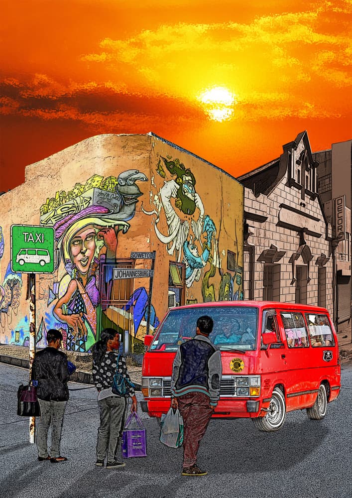 Sunset City Taxi Scene by Carlo Kaminski — canvas wall art