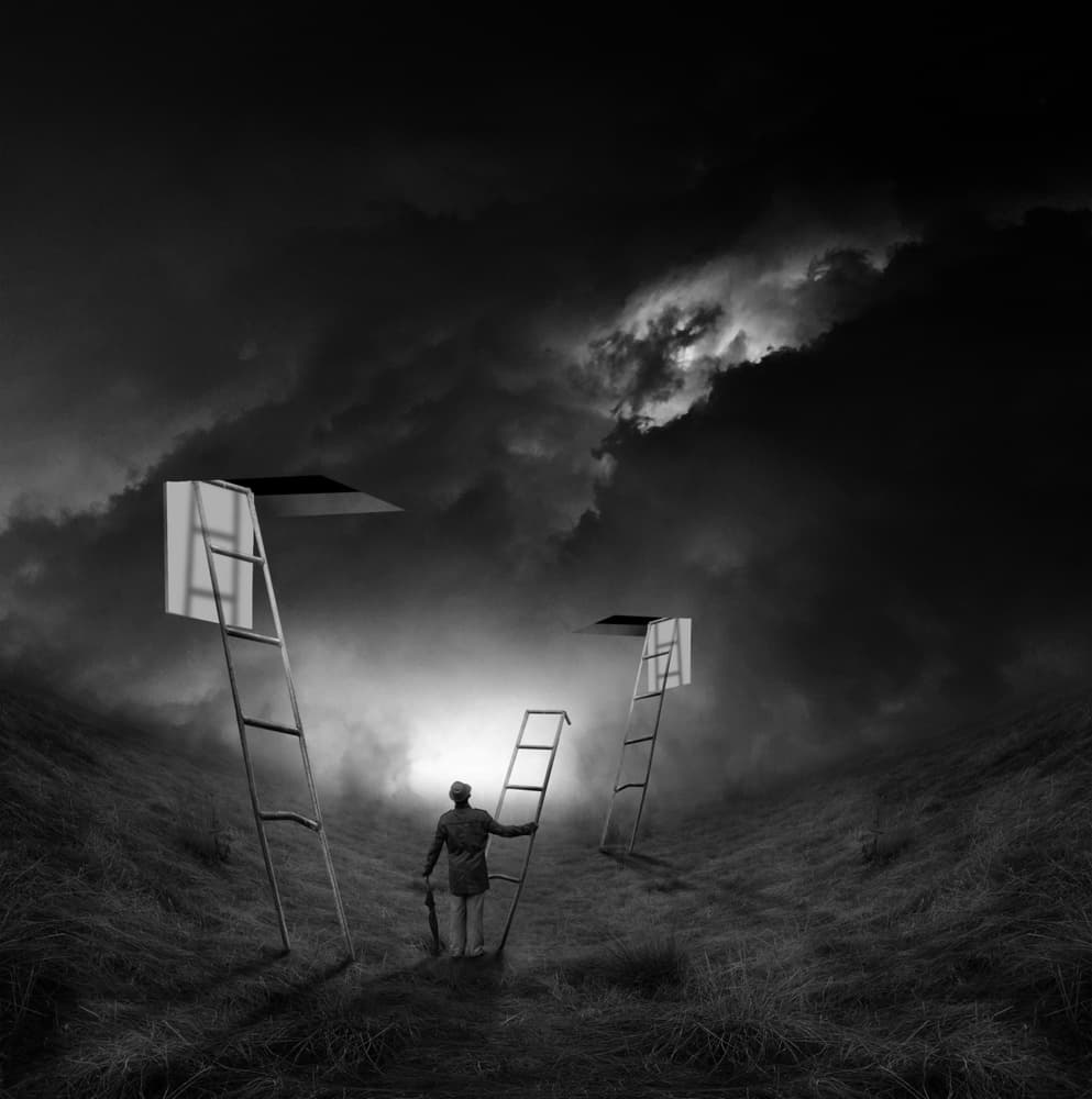 Man Climbing Sky Ladders by Hari Sulistiawan — canvas wall art