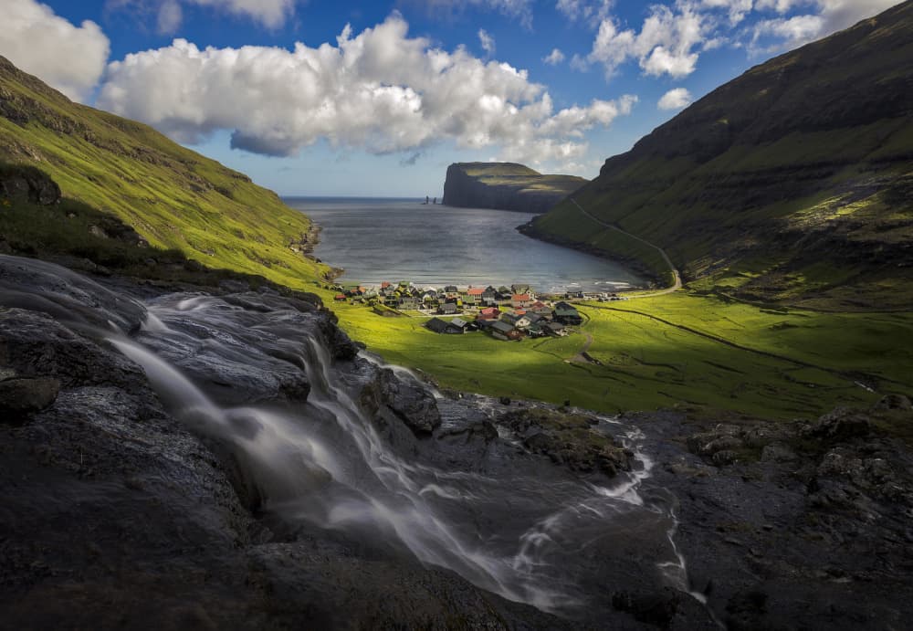 Fjord Village Waterfall by Wim Denijs — canvas wall art