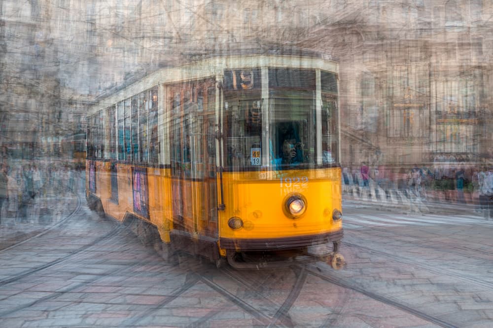Vintage Yellow Tram City by Fiorenzo Carozzi — canvas wall art