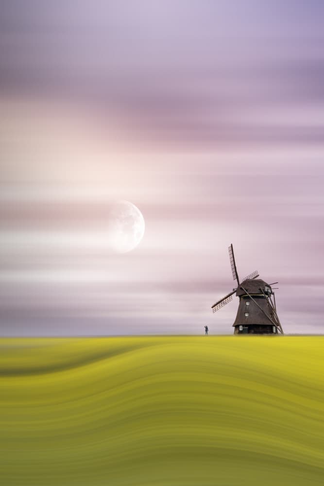 Dreamy Windmill and Moon by fotomarion — canvas wall art