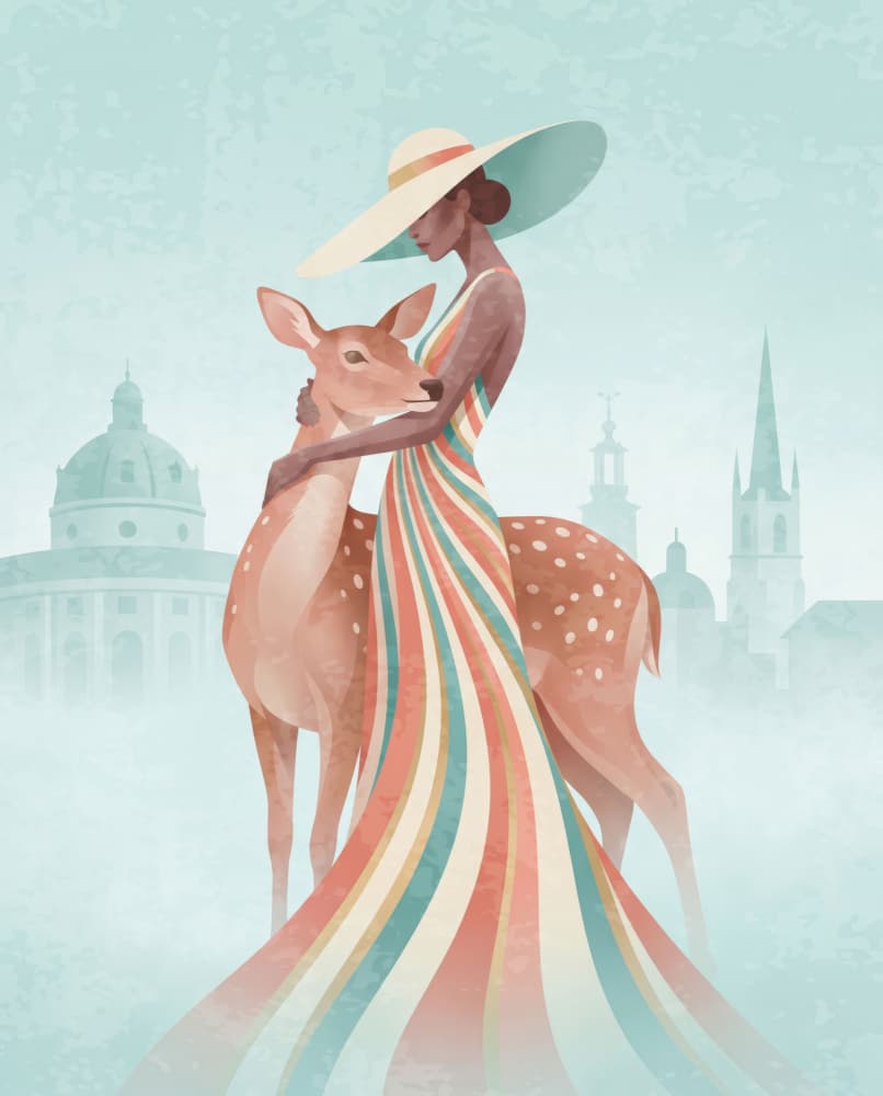 Elegant Woman Deer Embrace by Emel Tunaboylu — canvas wall art