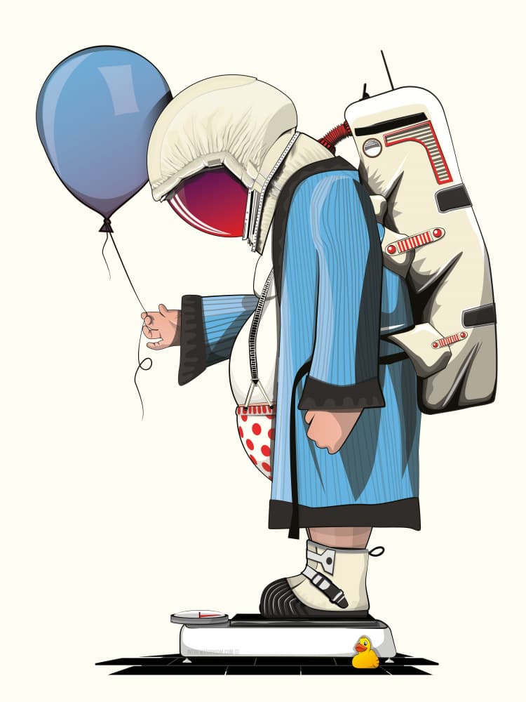 Whimsical Astronaut Weighs In by In The Washroom — canvas wall art