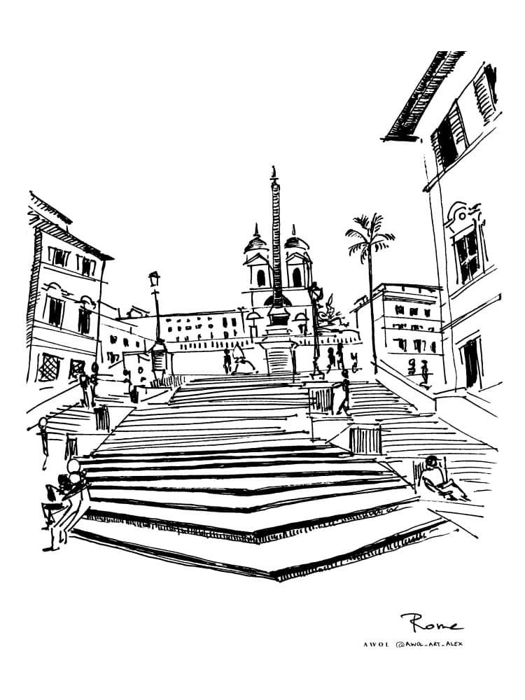 Rome Spanish Steps Sketch by Awol Art Alex — canvas wall art