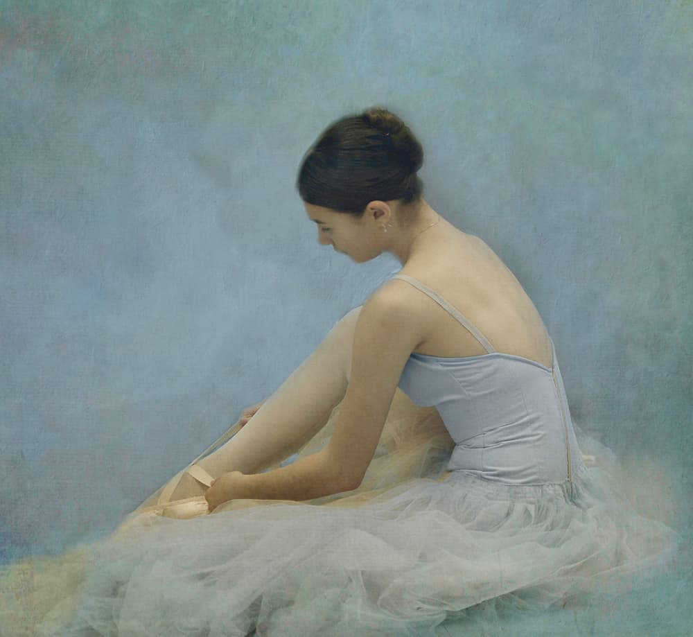 Ballerina Tying Pointe Shoes by Rachel Pansky — canvas wall art