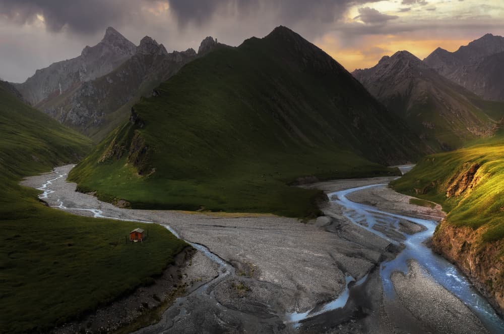 Mountain Valley River Sunset by UU — canvas wall art