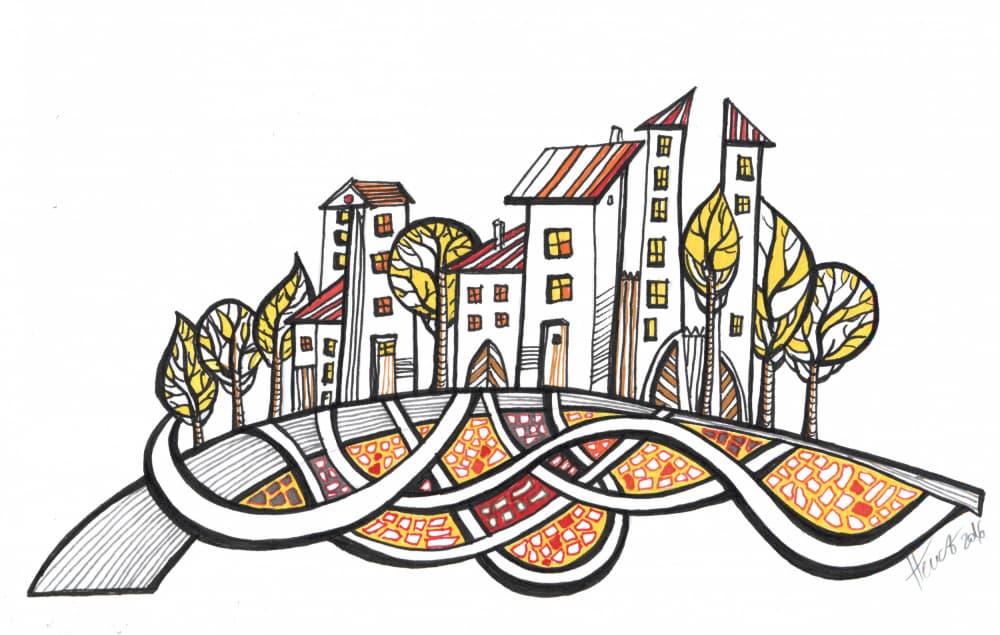 Vibrant Hillside Town by Aniko Hencz — canvas wall art