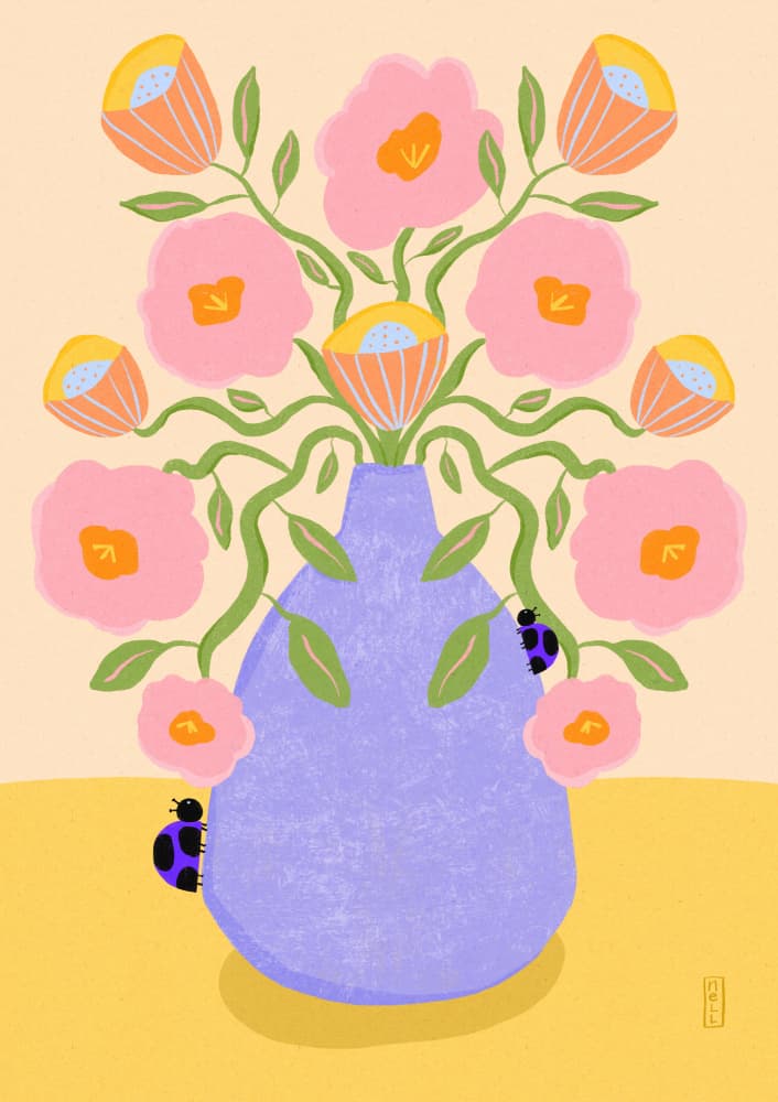 Pink Flowers Ladybugs by Dirkie Nell — canvas wall art