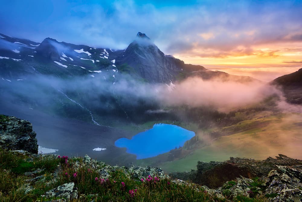 Misty Mountain Lake Sunset by Mei Xu — canvas wall art