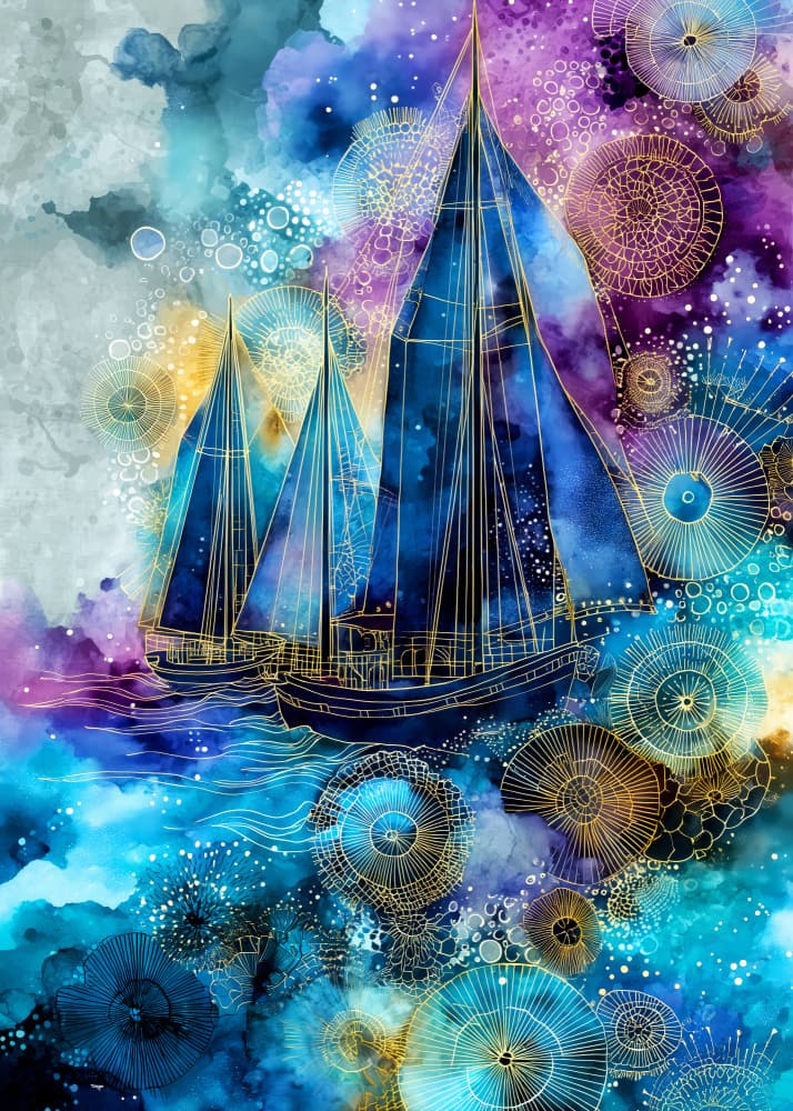 Cosmic Sailboats Journey by Justyna Jaszke — canvas wall art