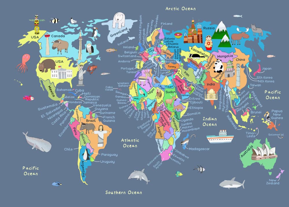 Cute Animal World Map by Carla Daly — canvas wall art