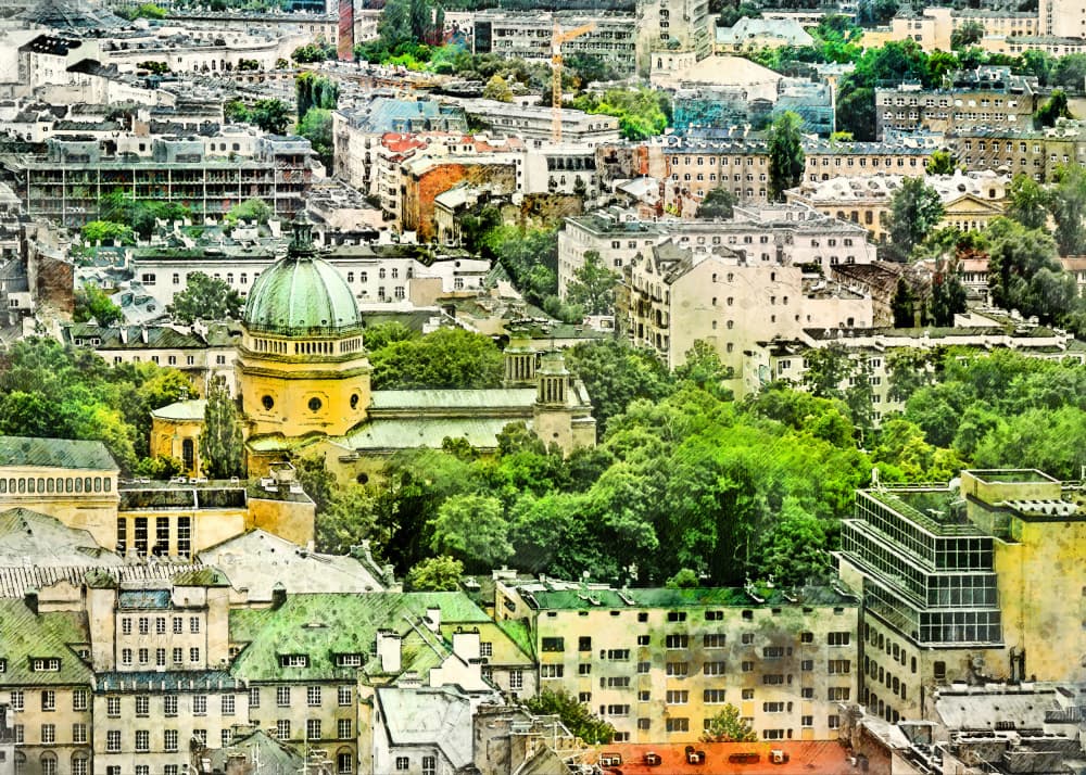 Warsaw City Watercolor Art Poland (6) by Justyna Jaszke — canvas wall art