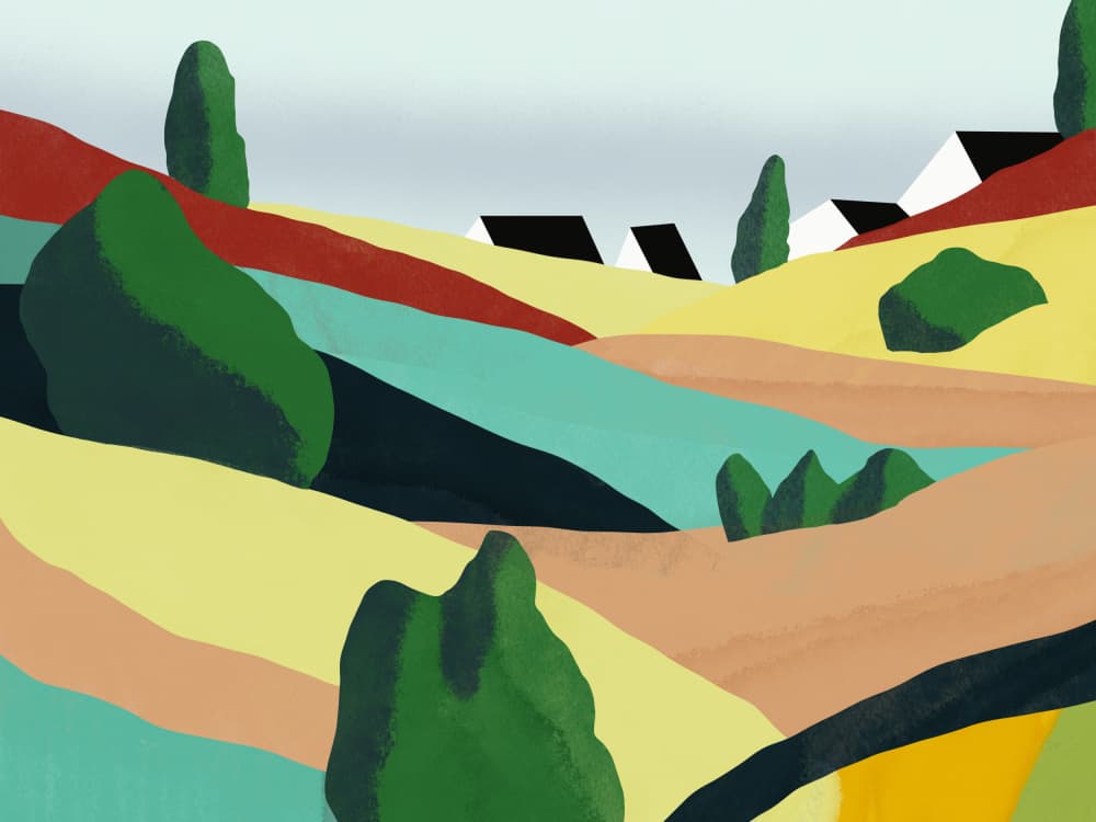 Vibrant Hillside Village by Little Dean — canvas wall art