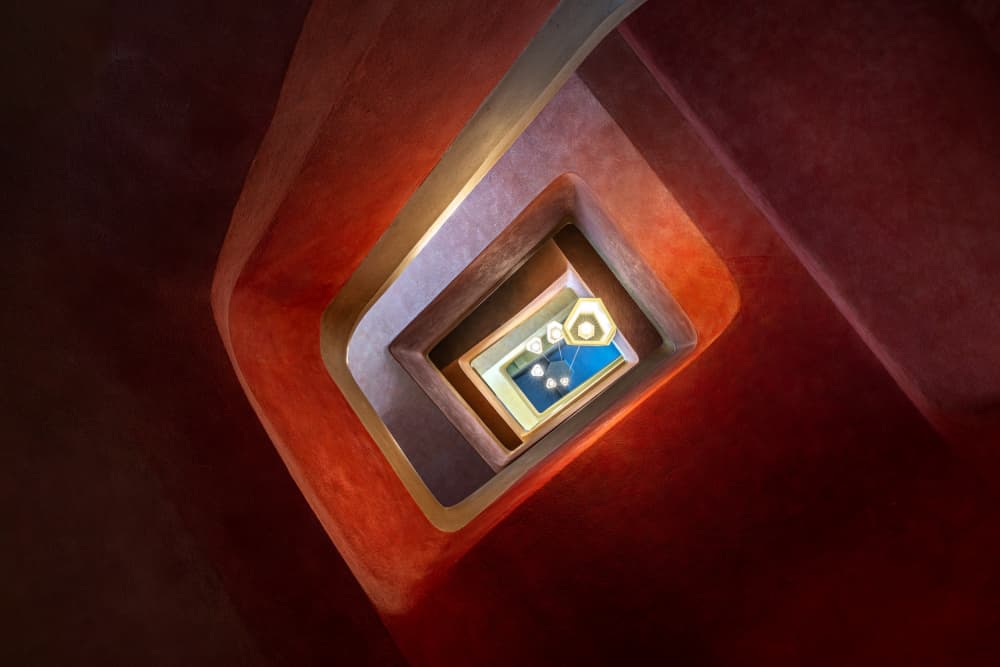 Deep Red Geometric Staircase by fotomarion — canvas wall art