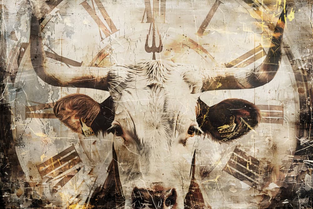 Vintage Bull Clock by Rafal Kulik — canvas wall art