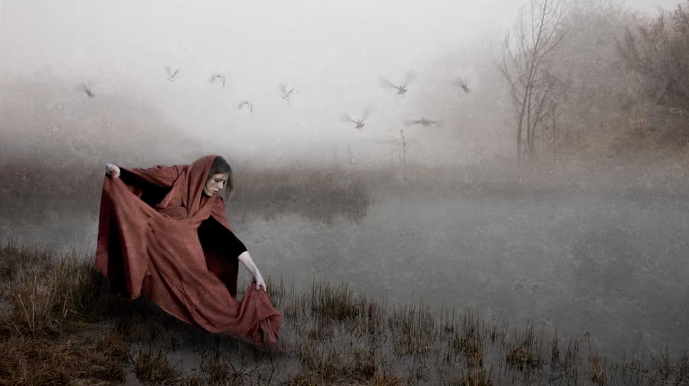 Red Cloak Foggy Lake by Charlaine Gerber — canvas wall art