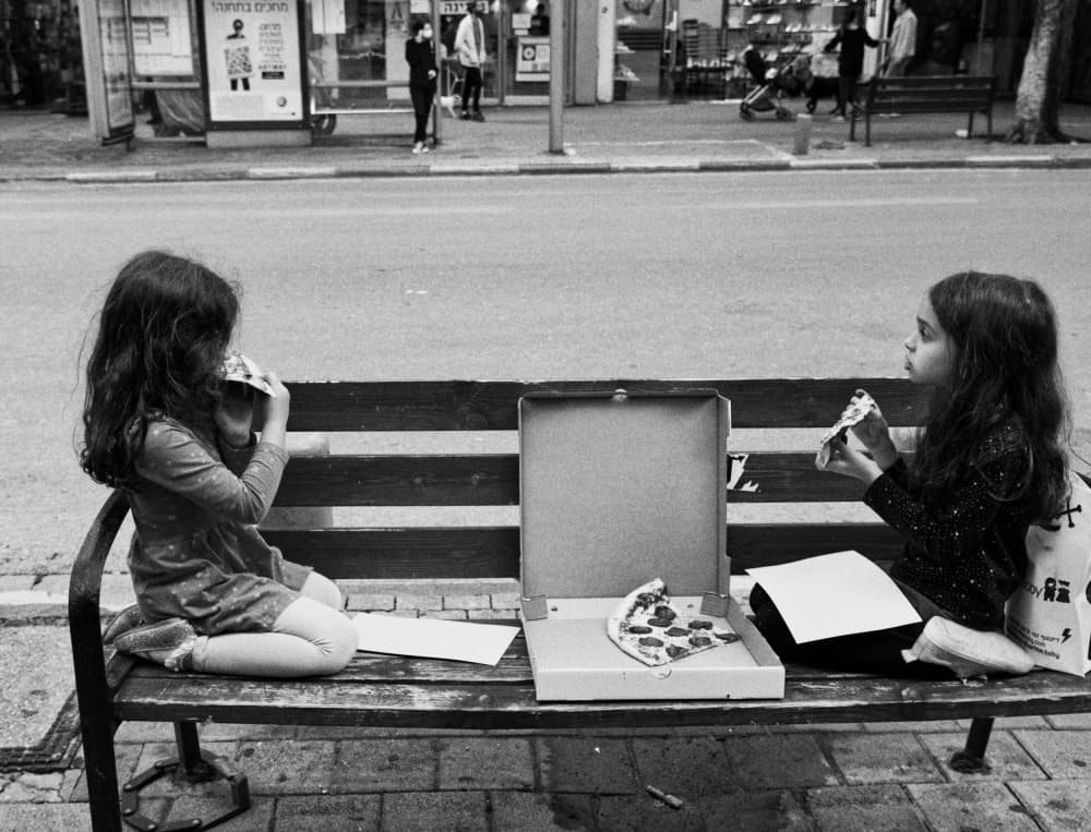 Two Girls Pizza Break by Offer Ellbogen — canvas wall art
