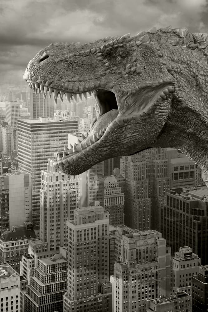 Giant T-Rex City by Marja van den Hurk — canvas wall art