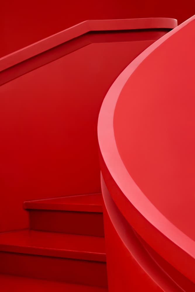 Crimson Curved Stairs by konglingming — canvas wall art