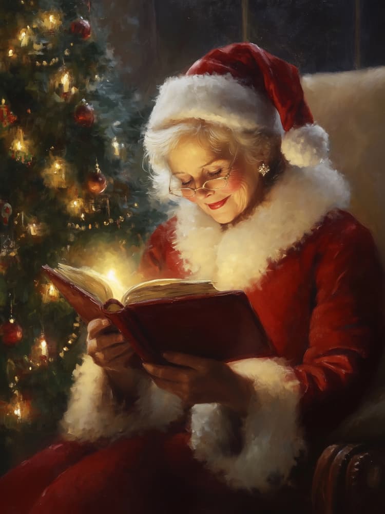 Cozy Mrs Claus Reading by Jolly and Dash — canvas wall art