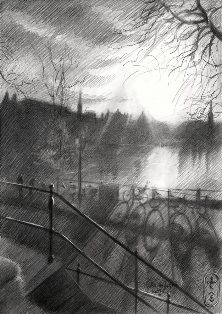 Sunlit City Canal Sketch by Corné Akkers — canvas wall art