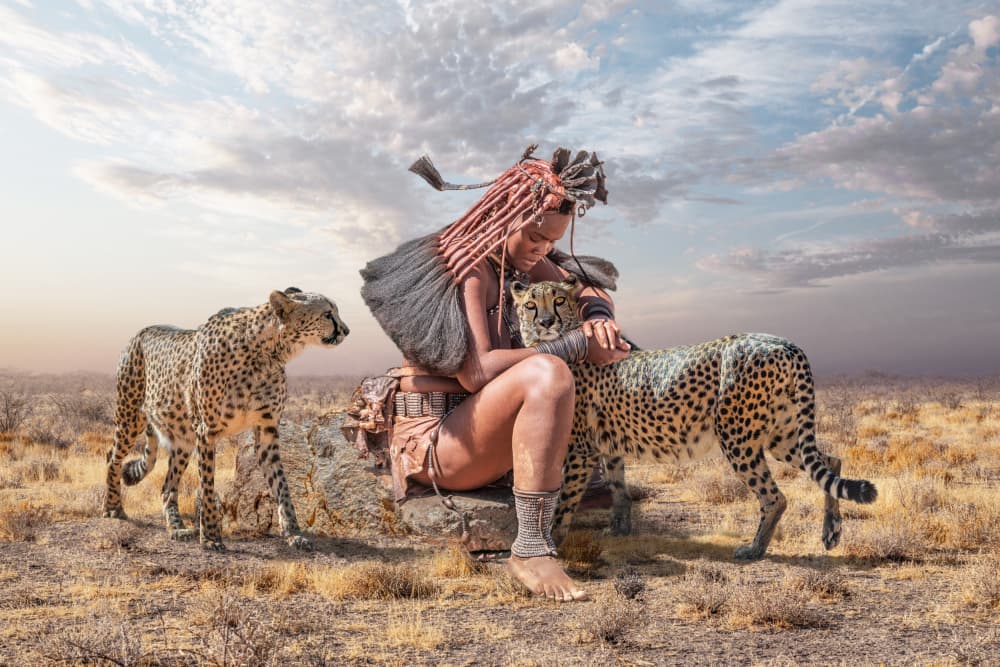 African Woman and Cheetahs by Marcel Egger — canvas wall art