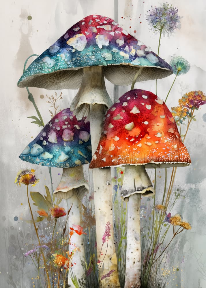 Whimsical Watercolor Mushrooms by Justyna Jaszke — canvas wall art