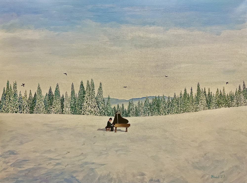 Piano in Snowy Field by Tom Blood — canvas wall art