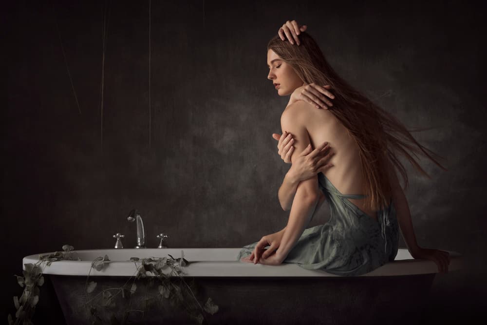 Emotional Bathtub Embrace by Sebastian Kisworo — canvas wall art
