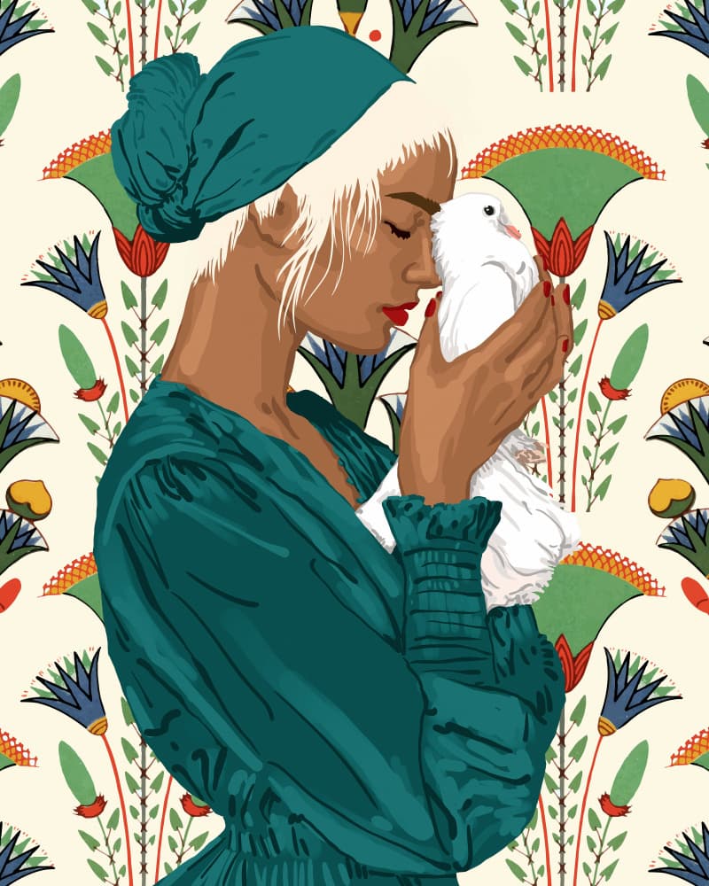 Woman Embracing a Dove by Uma Gokhale — canvas wall art