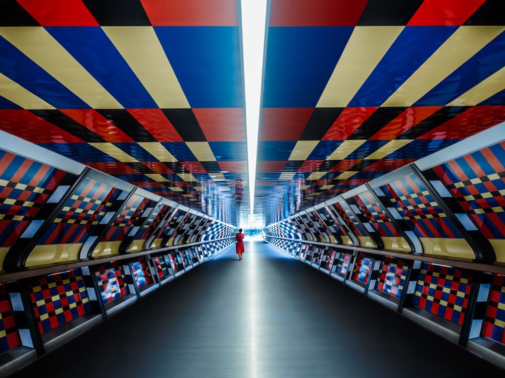 Red Dress in Vibrant Tunnel by IKUMI FUKAZAWA — canvas wall art