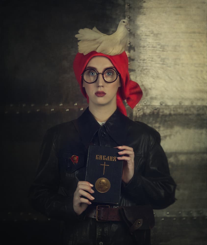 Woman with Dove and Bible by Svetlana Melik-Nubarova — canvas wall art