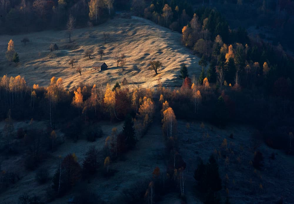 Sunlit Autumn Mountain Cabin by Julien Oncete — canvas wall art