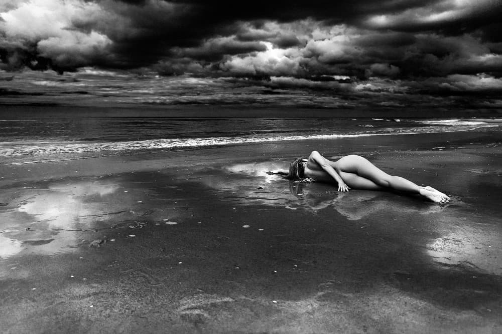 Nude Figure Stormy Beach by Ruslan Bolgov — canvas wall art
