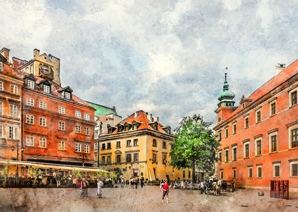 Old Town Square Watercolor by Justyna Jaszke — canvas wall art