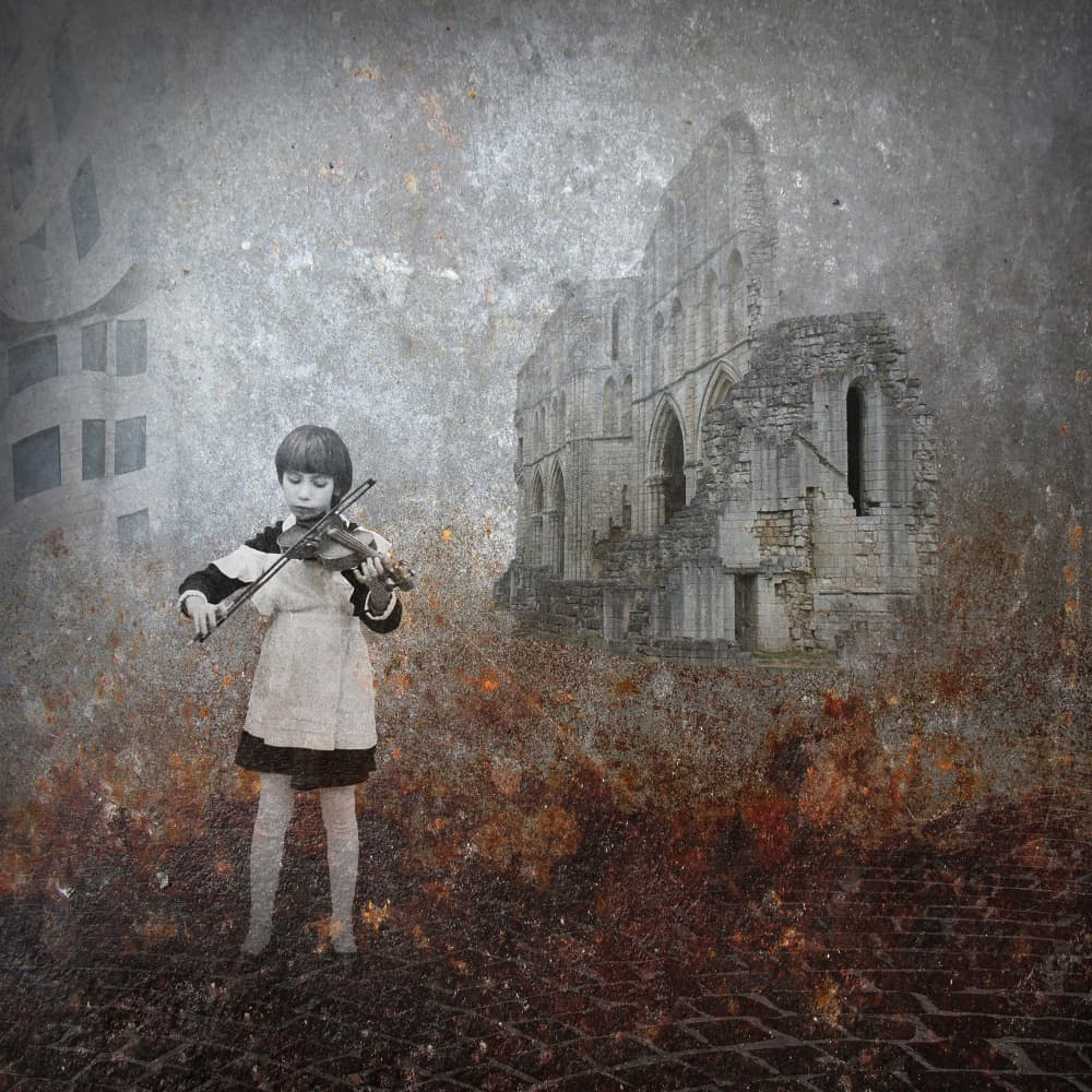 Violin Girl Among Ruins by Evgenii Novichikhin — canvas wall art