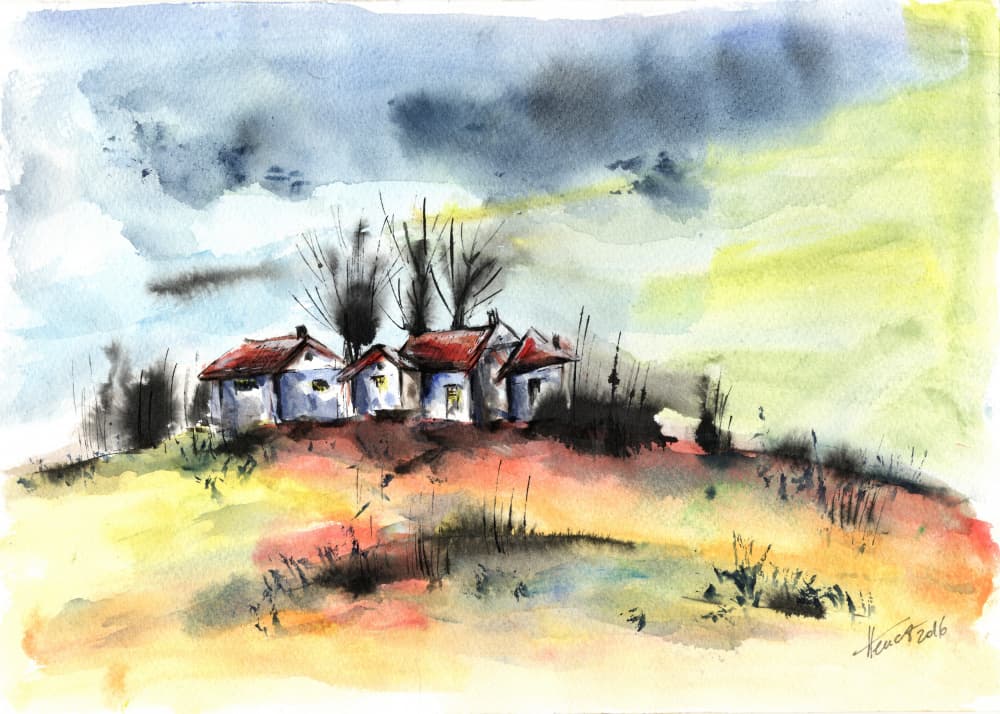 Stormy Hillside Village by Aniko Hencz — canvas wall art
