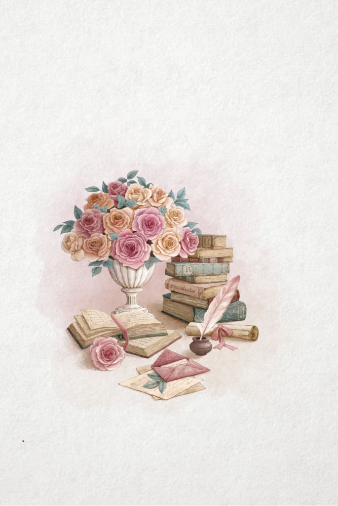 Vintage Books and Roses by Xuan Thai — canvas wall art