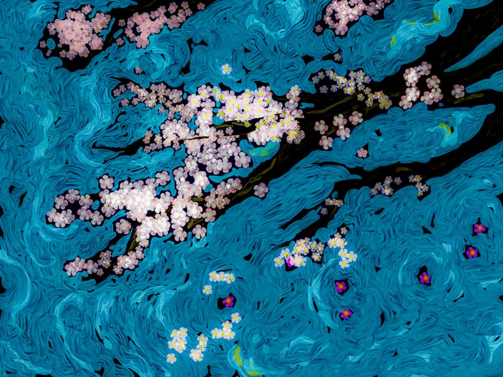 Cherry Blossoms Blue Swirls by Josie George — canvas wall art