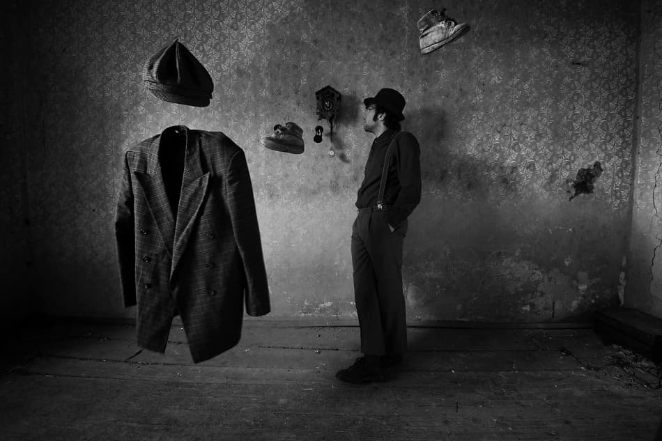 Man Observes Floating Clothes by mario grobenski - psychodaddy — canvas wall art