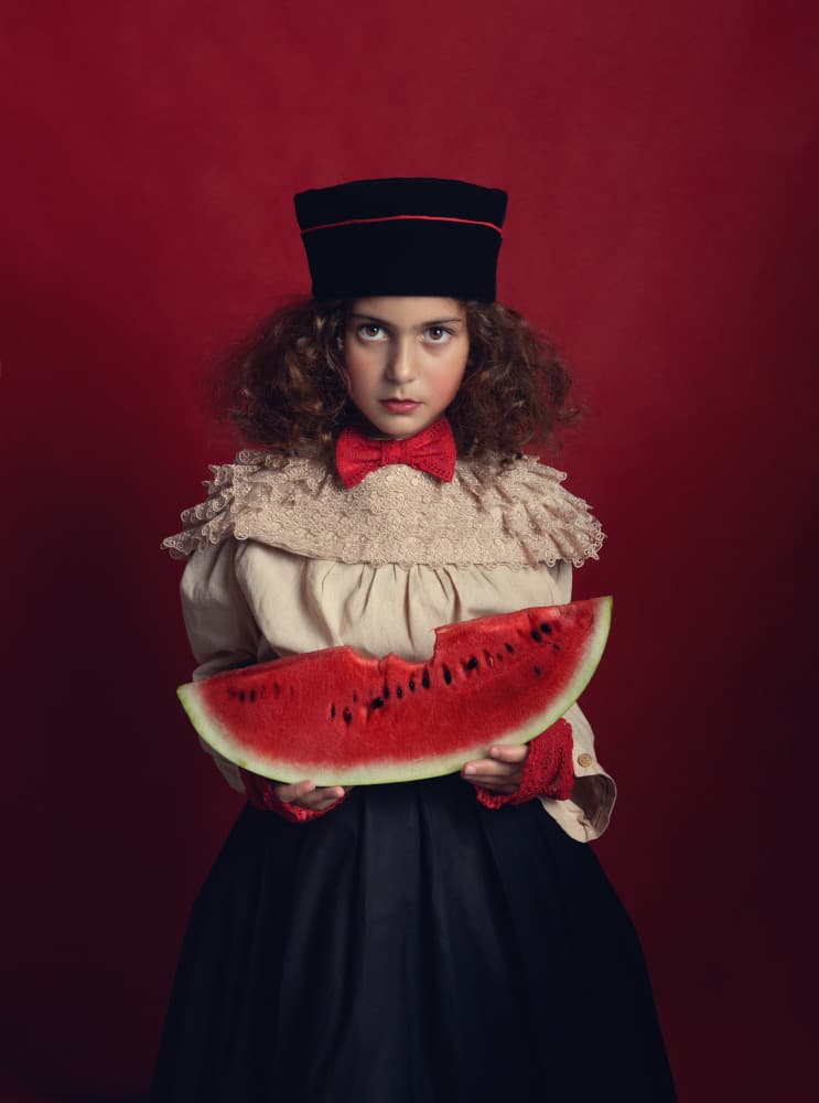 Serious Girl With Watermelon by Svetlana Melik-Nubarova — canvas wall art