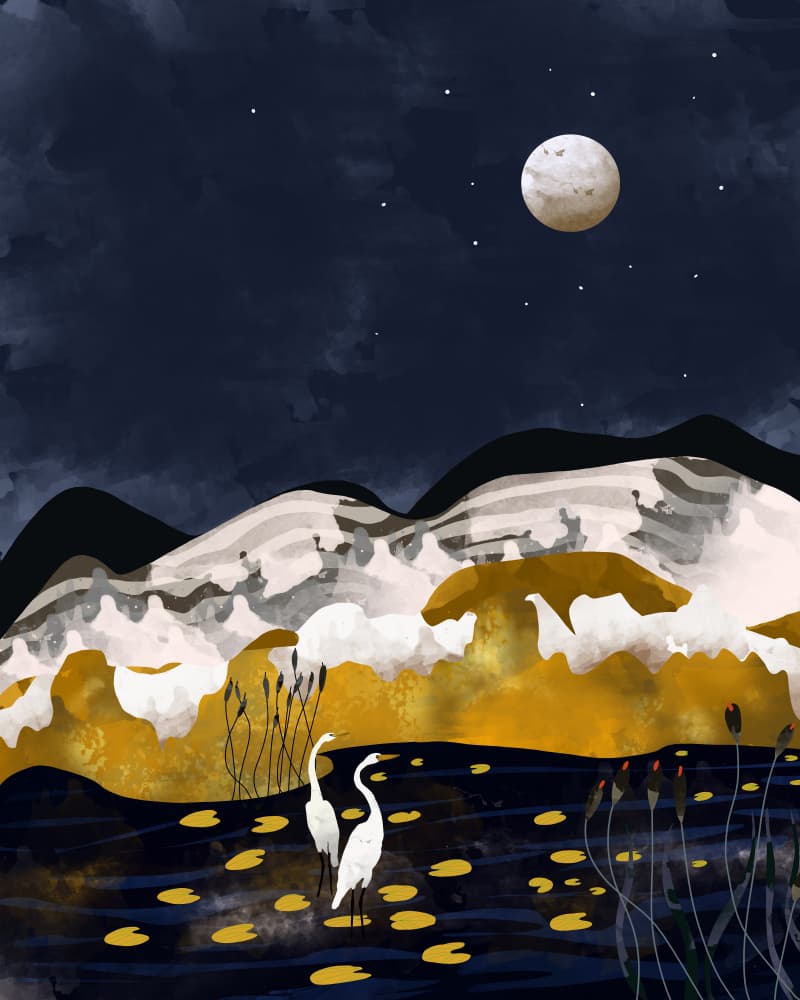 Serene Moonlit Egrets by Uma Gokhale — canvas wall art